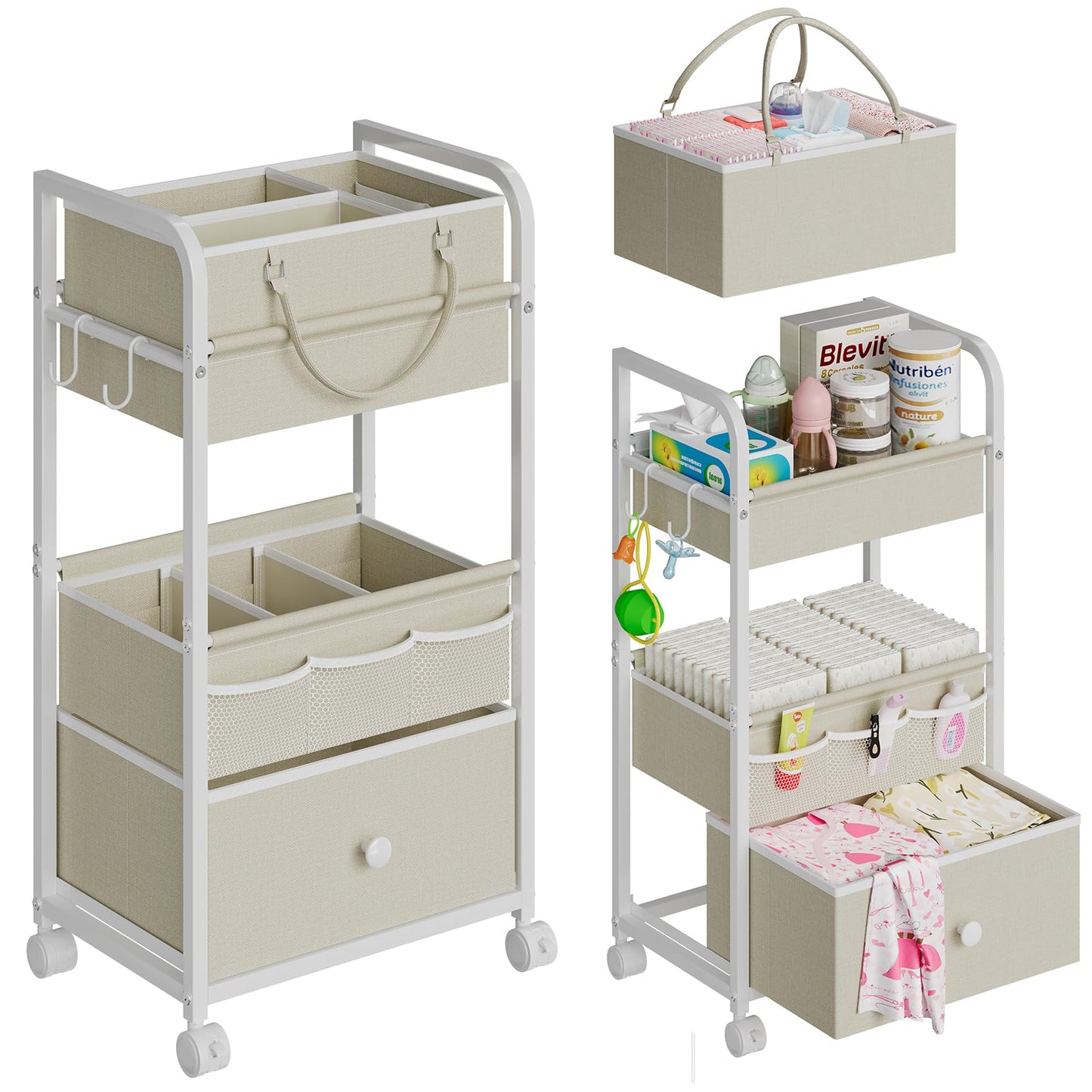 Cidaziya 2In1 Baby Diaper Caddy Organizer and Storage, 3 Tier Rolling Cart with Drawer, Detachable Dividers, Mobile Utility Cart Baby Dresser Clothes Organizer for Baby Essentials, Bedroom, Nursery