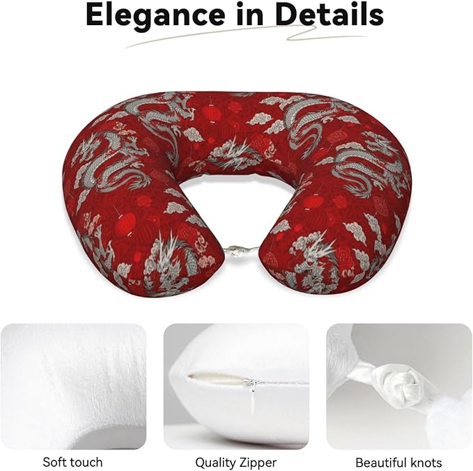 Funny Neck Pillow Support for Car Flight Rest Chinese Dragon Music Note Art, Memory Foam U Shaped Decor Head Cushion for Home Outdoors Travel