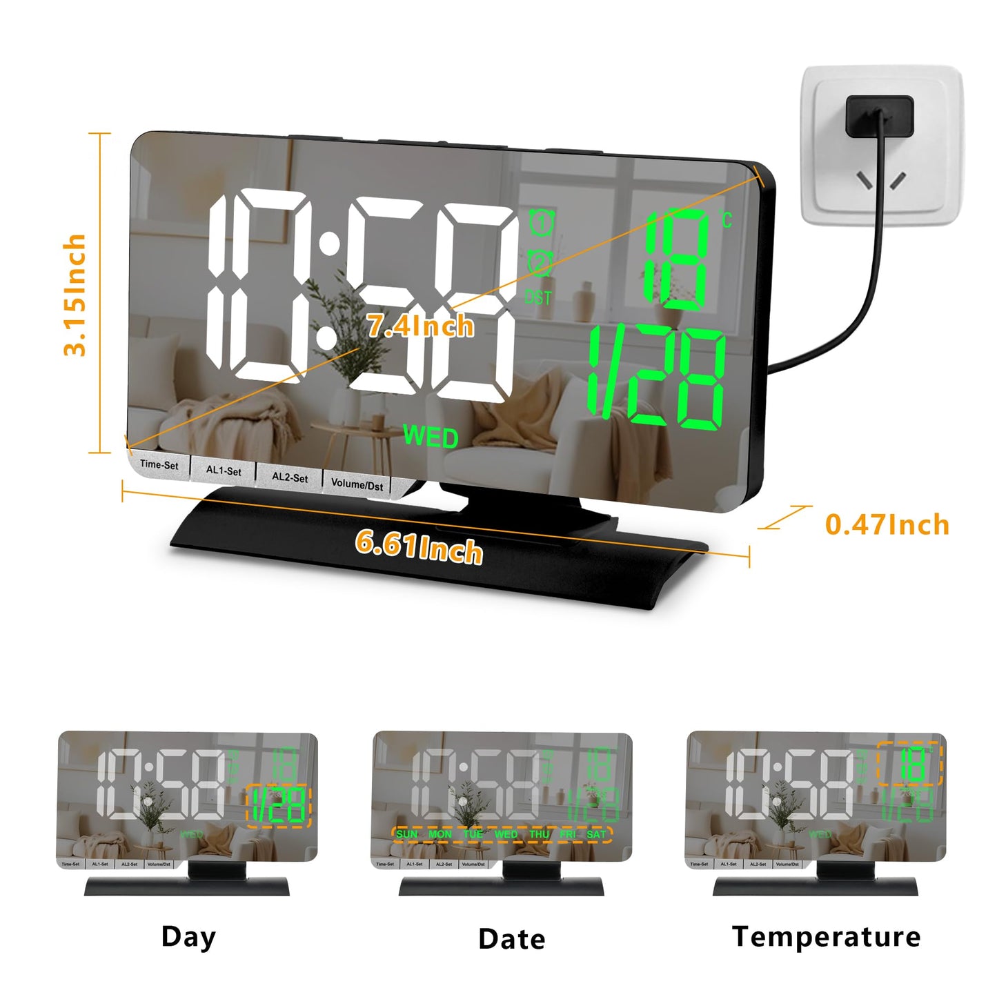 SZELAM Digital Clock,Alarm Clock Bedside,7.3'' Large LED Mirror with Date Display,Temperature,Dual Alarm with 3 Mode,Brightnee Adjust,DST,USB C Charging Port,5 Levels Volume for Desk Bedroom Teens