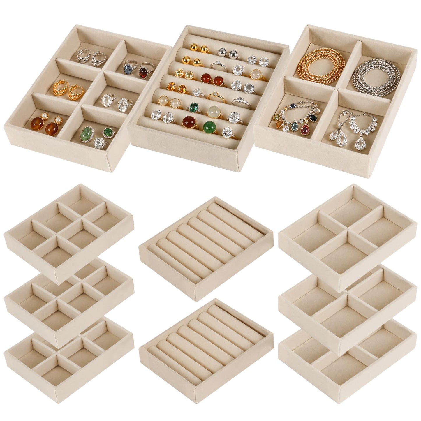 RingsTown 8-Piece Velvet jewelry drawer organizer inserts Removable Dividers, 4.8 * 3.7 * 0.9in Stackable Drawer Organizer, Vanity Dresser Storage