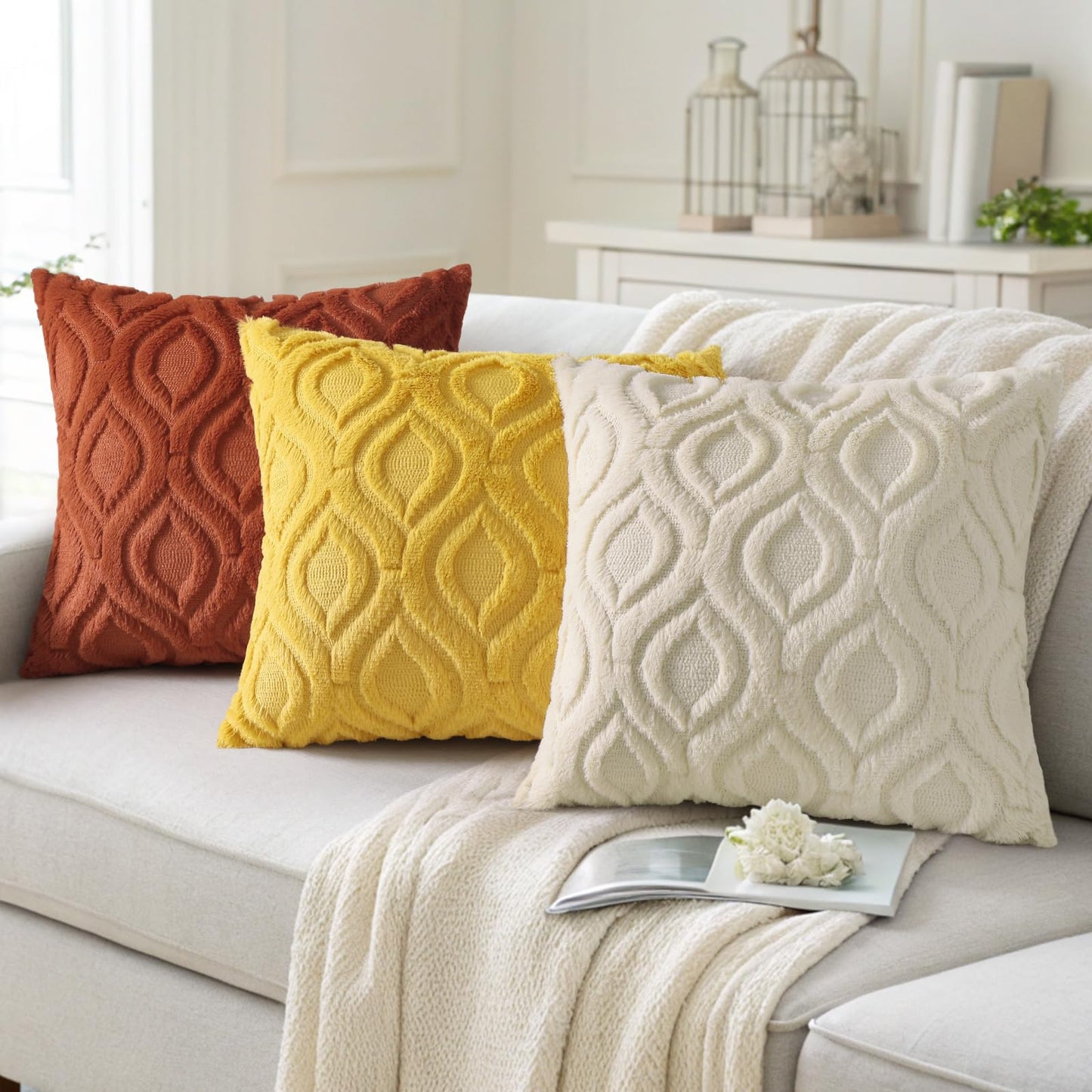 decorUhome Throw Pillow Covers 12x20 Inch Set of 2, Soft Plush Faux Wool Mustard Yellow Solid Couch Pillow Covers, Accent Farmhouse Neutral Rectangle Pillow Cases for Sofa Bed Living Room