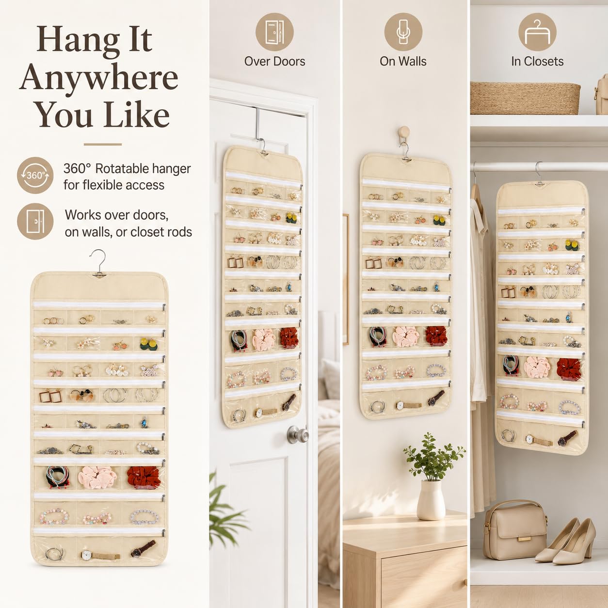 Cabilock 66 Pockets Hanging Jewelry Organizer, Double Sided Zippered Earring Holder with Clear Pockets, Space Saving Necklace Bracelet Ring Storage Bag for Closet, Door, Wall and Travel, Beige 1pcs