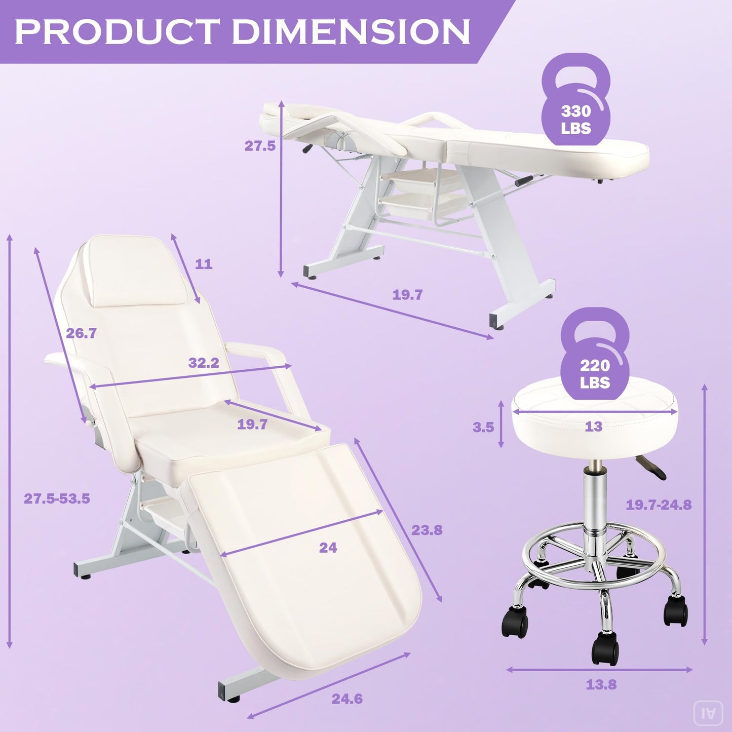 KIIUMI Tattoo Chair for Artists, Facial Esthetician Bed, Adjustable Beauty Bed with 2 Tray, Professional Piercing Chair with Hydraulic Rolling Stool, White