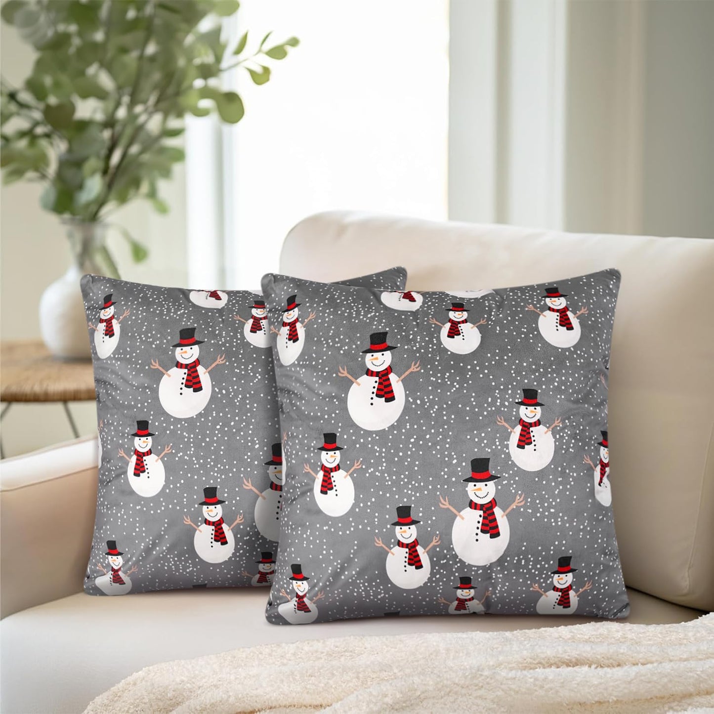 PAVILIA Holiday Throw Pillow Covers 20x20 Set of 2, Decorative Pillow Cases Bed Sofa Couch, Christmas Winter Accent Decor Cushion Bedroom Living Room, Velvet Square Euro Sham Covers, Snowman Gray