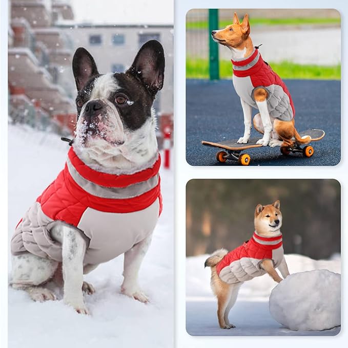 OUOBOB Dog Coats for Large Dogs,XL Dog Coat,Warm Fleece Winter Coat with D-Ring,Back Zipper Pet Jacket for Large Dogs,Waterproof Pet Snow Jacket Clothes Snowsuit Beagle Corgi Border Collie,Red,XL