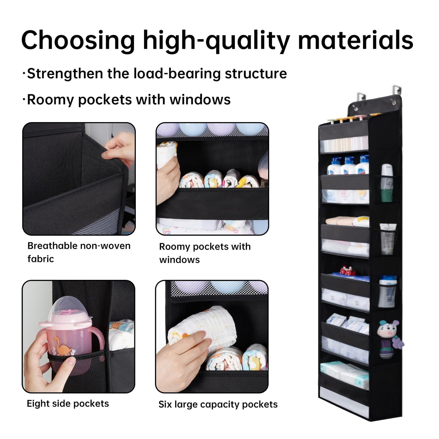 WishJazz Premium Over The Door Organizer 6 Large Pockets, 150D Extra Thick,50 lbs Hanging Organizer Storage, Behind Door Closet Organizer and Storage for Nursery, Bedroom, Bathroom, Black