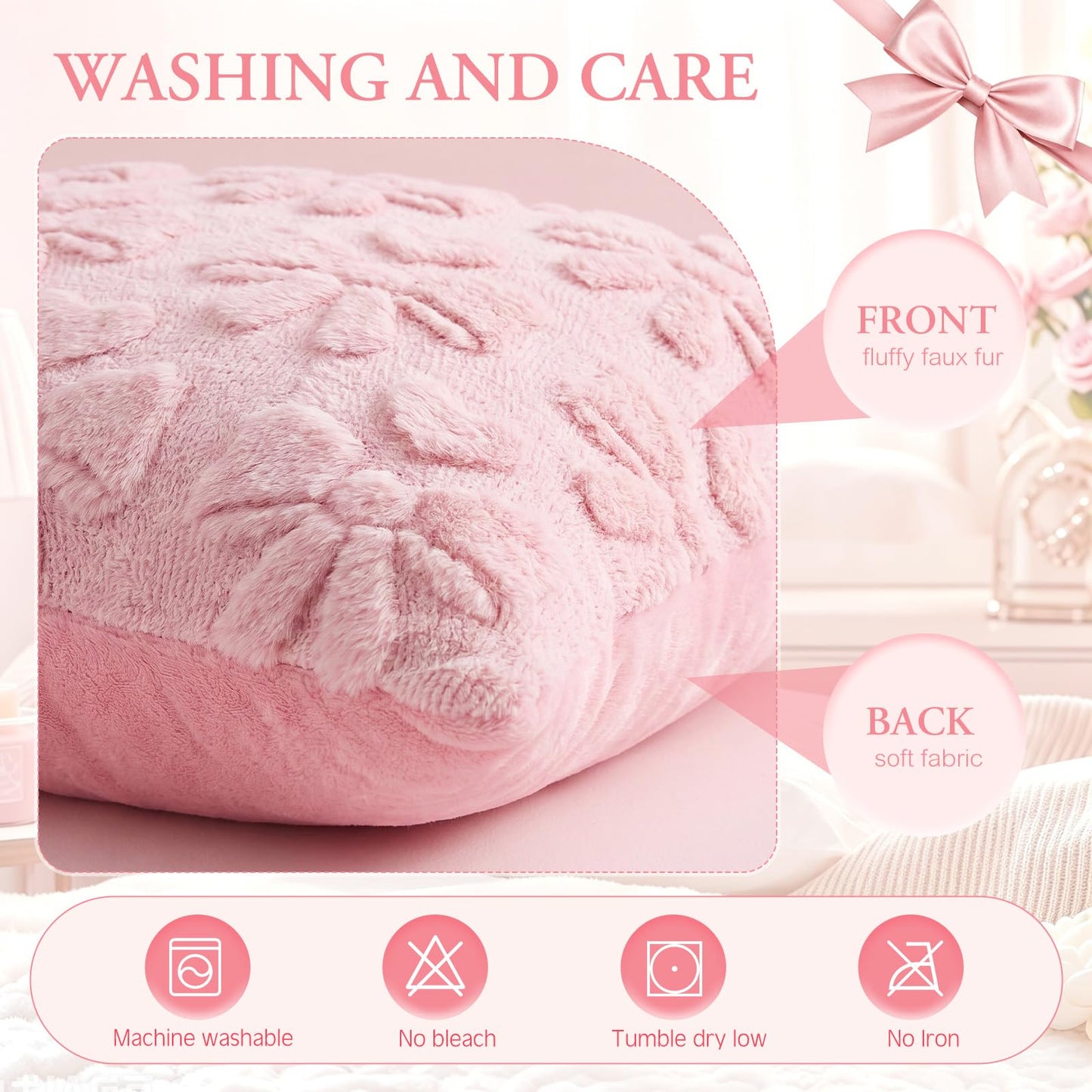 Mixweer 4 Pack Pink Bow Pillow Covers 18x18, Coquette Room Decor Soft Plush White Velvet Throw Pillow Covers, Cute Decorative Cushion Cases for Couch, Sofa, Bed, Girls Bedroom, Valentine’s Day Decor