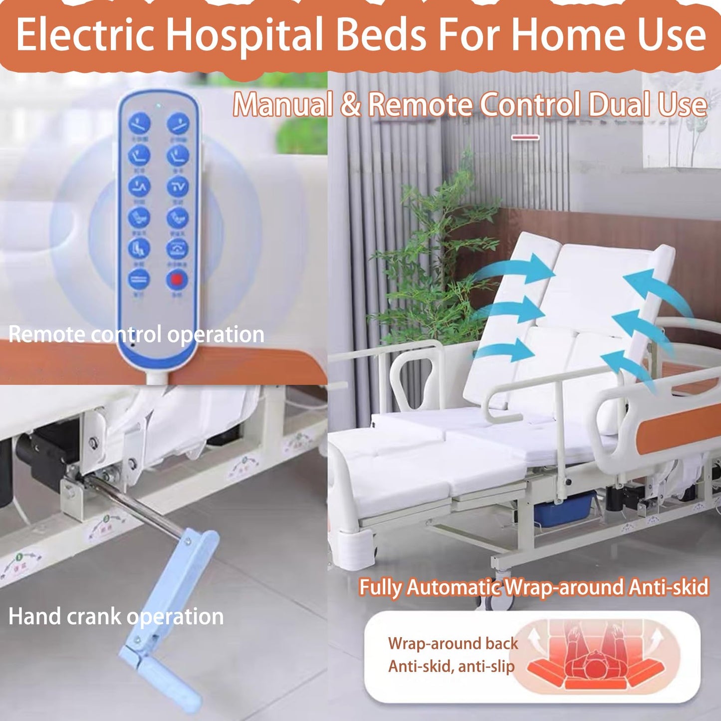 Full Electric Hospital Bed for Home Use, 10 Function Adjustable Medical Bed with Auto Turning, Patient Care Bed for Elderly, Hospital Beds with Mattress, Dining Tray, IV Pole, Steel Rails, 550 LBS