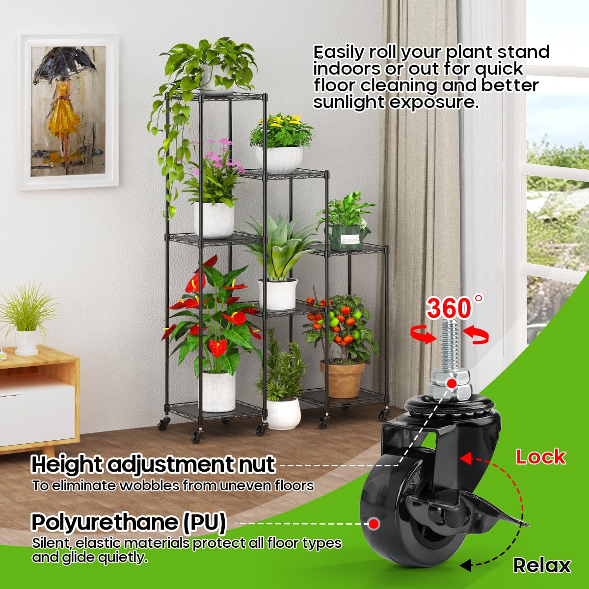 Abimars 59'' Plant Stand with Wheels, Shelf Height Adjustable Metal Plant Shelf for 7 Potted Plants, DIY Assembly Indoor & Outdoor Plant Display Rack