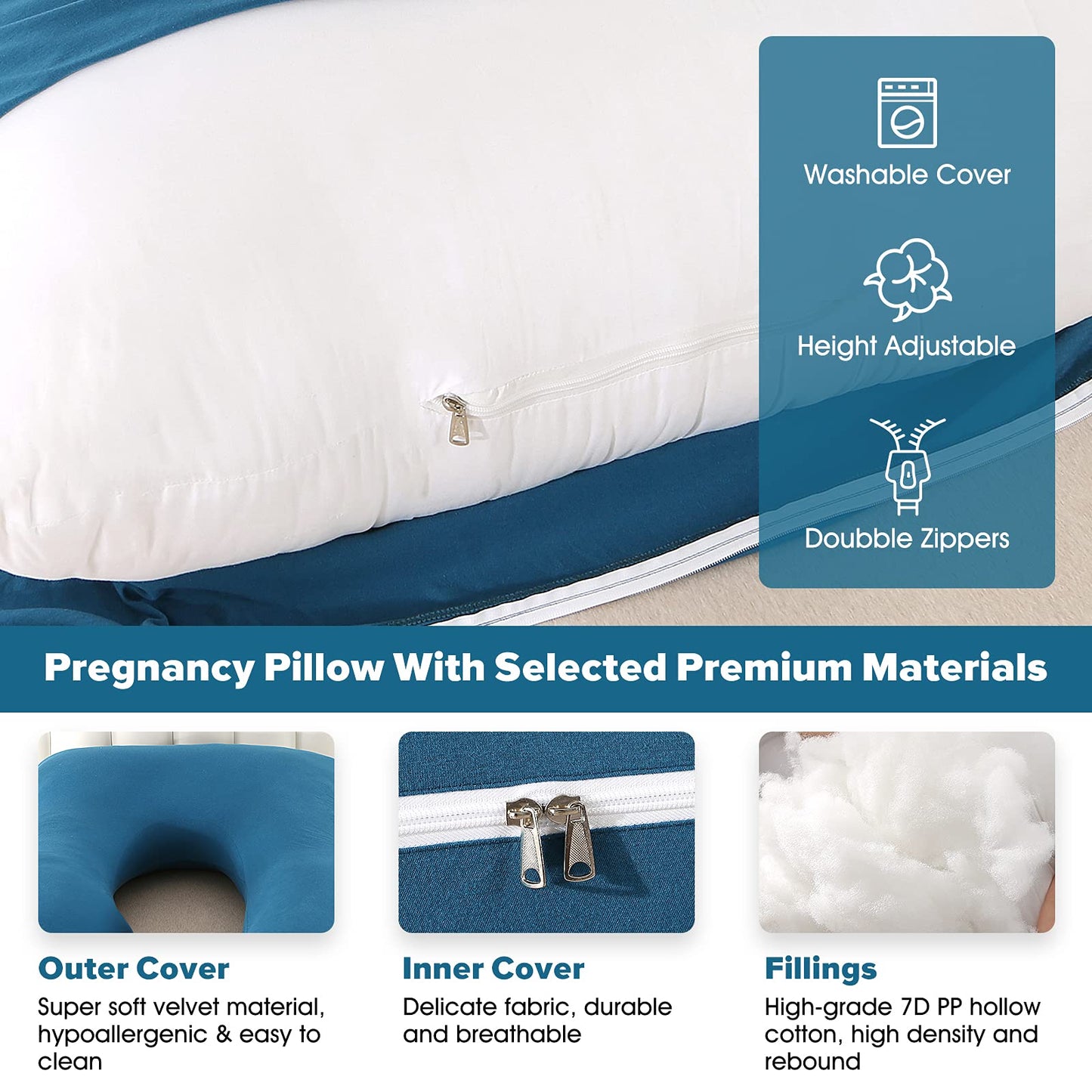 U-Shaped Full Body Pregnancy Pillow for Sleeping – 57" Maternity Pillow with Removable Cover, Support for Back, Legs, Belly & Hips (Jersey -Royal Blue)