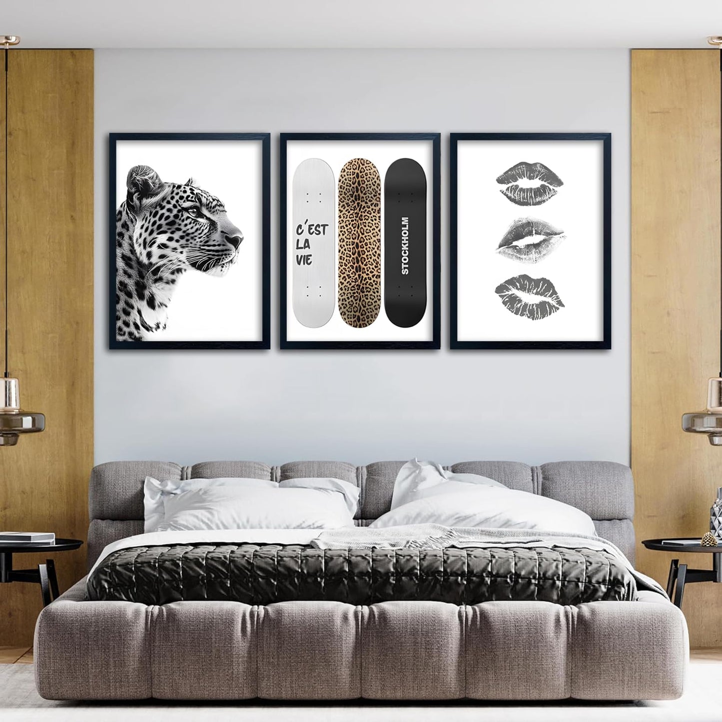 Framed Stockholm Style Canvas Wall Art Set of 3 Black and White Fashion Leopard Print Lips, Preppy Room Aesthetic Cheetah Wall Decor for Girls Bedroom Apartment or Dorm12x16 Inch Black Wood Frame