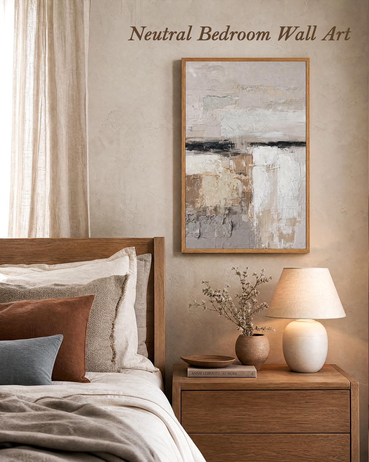 ARPEOTCY 3D Textured Large Framed Canvas Wall Art Prints, Hand-Painted Abstract Beige Earth Tone Neutral Oil Painting Aesthetic, Wall Decor for Living Room Bedroom Office, 16x24inch