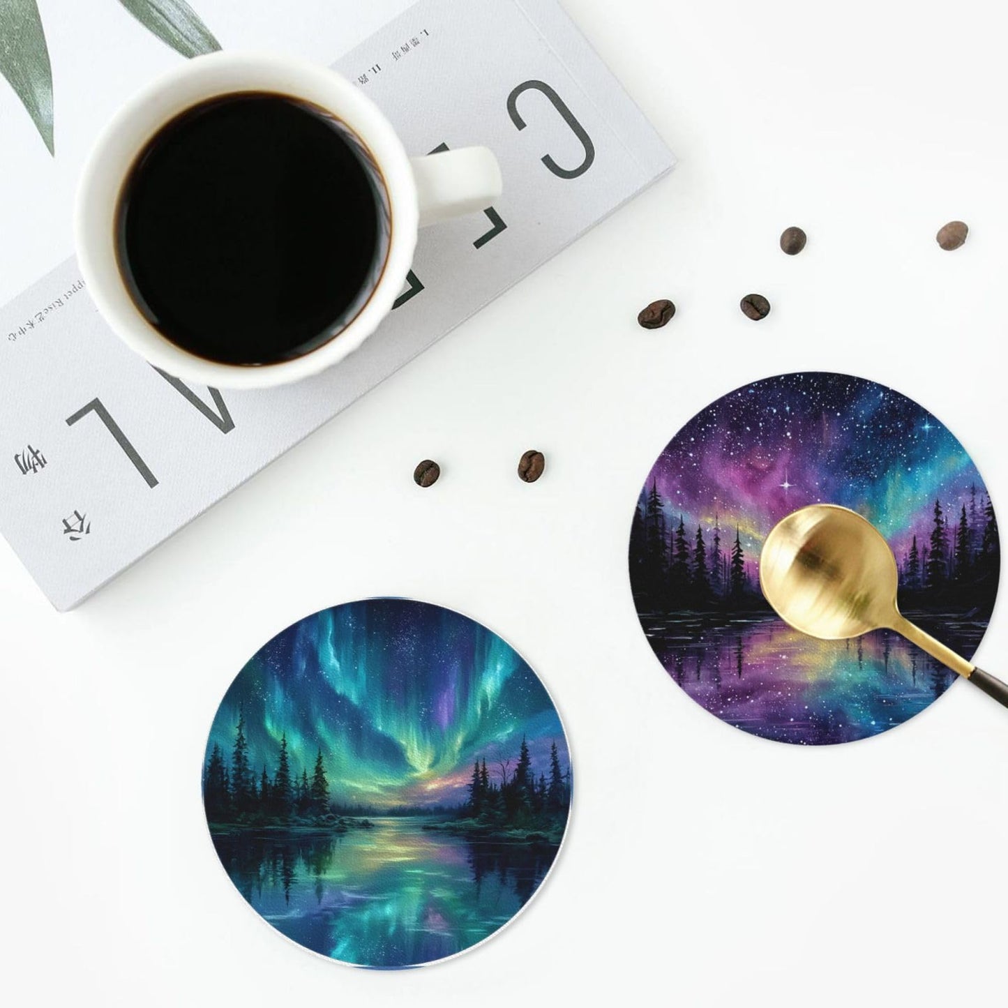 sunwarshile Northern Lights Coasters for Drinks with Holder Round Leather Coasters Set of 6 Cups Mugs Mat Pad for Home Kitchen Bar