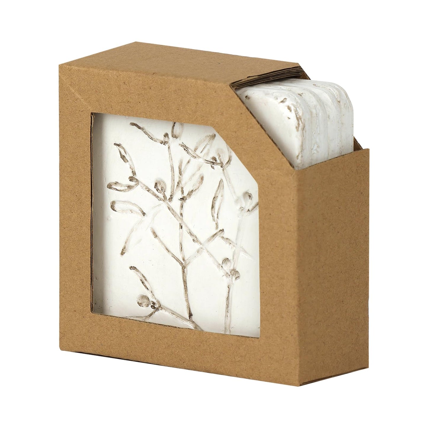 HOME PALETTE Botanical Coasters for Drinks Set of 4, 4.02 Inch Square Resin with Cork Base, Plant Floral Design, Absorbent Coasters for Bar Desk Coffee Table, White