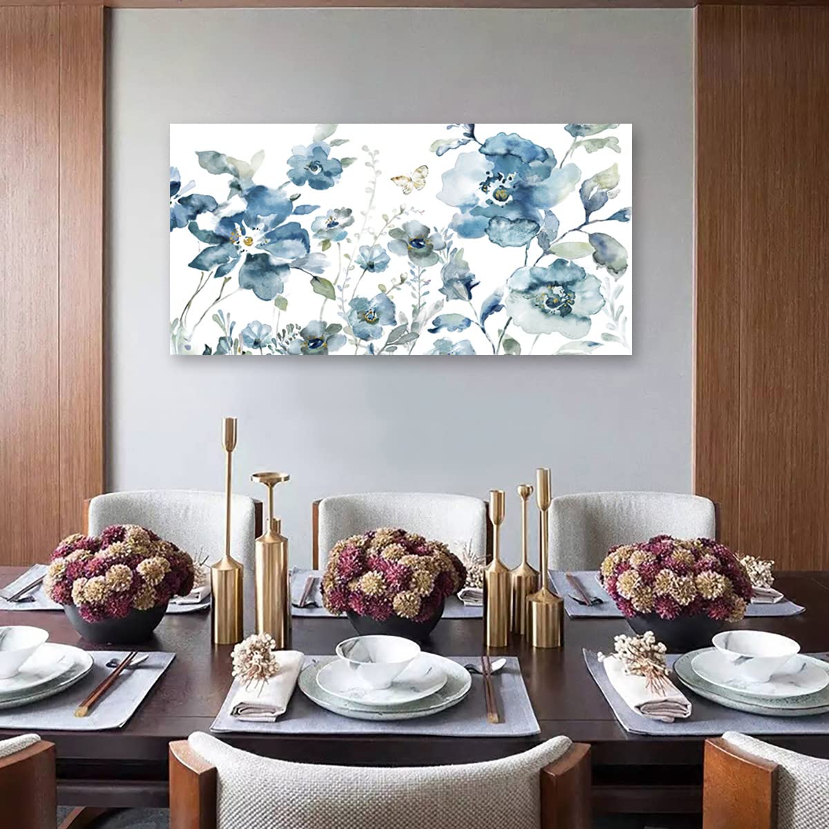 Flower Canvas Wall Art Blue Floral Canvas Painting Pictures for Gallery Wall Decor Butterfly Flies in Indigo Flowers Canvas Prints Artwork for Living Room Bedroom Home Wall Decorations 40" X 20"