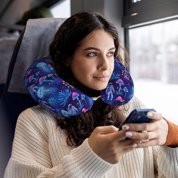 Travel Neck Pillow for Pain Relief Sleeping, Underwater Jellyfish Astronauts Mushroom Art, Comfortable Memory Foam Chin Head Cushion Support with Zip Cover, Fashion Car Flight Pillows