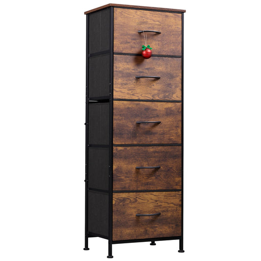 WLIVE Fabric Dresser for Bedroom, 5-Drawer Tall Dressers, Storage Organizer with Fabric Bins, Wood Top, Sturdy Steel Frame, Chest of Drawers for Closet, Hallway, Rustic Brown Wood Grain Print