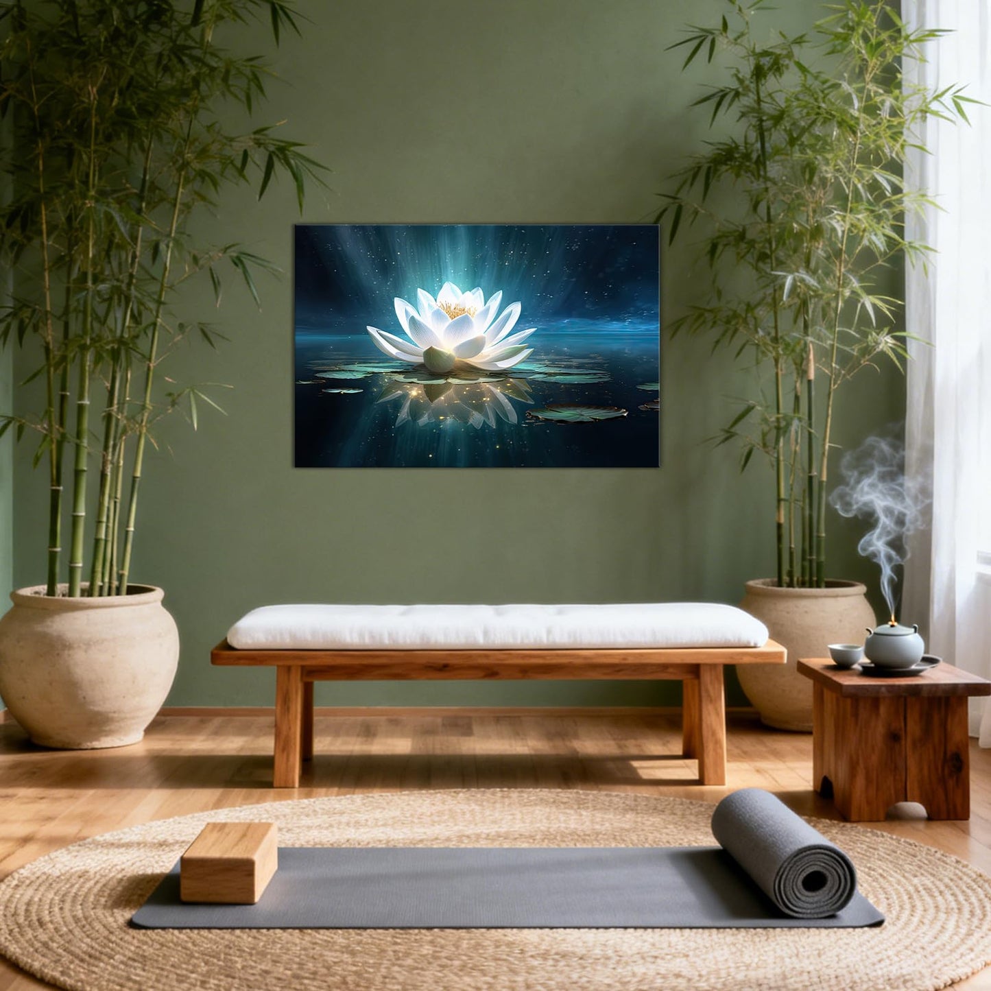 Zen Canvas Wall Art Glowing White Lotus Flower Picture Print Calming Spiritual Botanical Paintings for Living Room Bedroom Bathroom Decor(Artwork-5,12"x18")