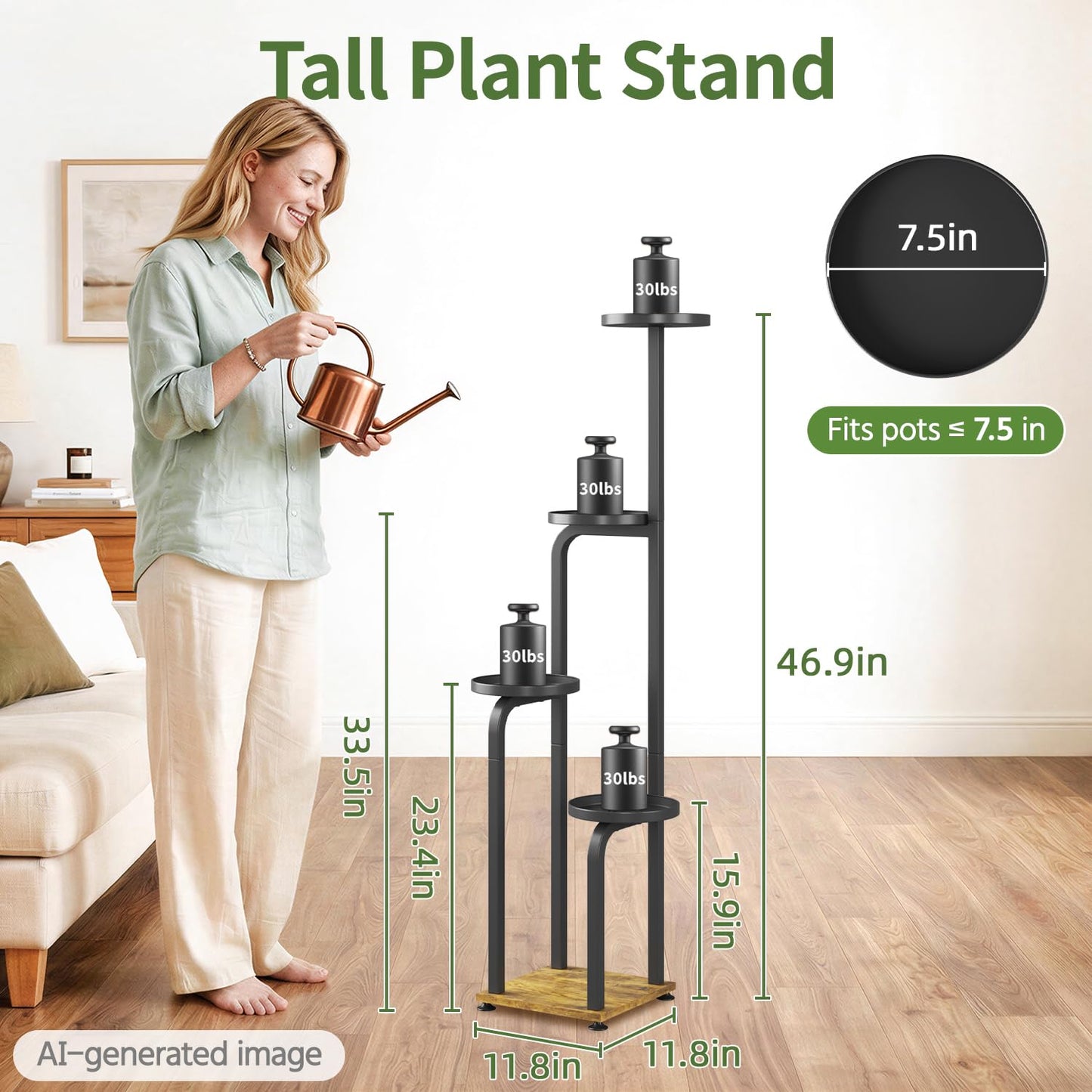 LASZOLA 5 Tiered Plant Stand Tall for Indoor Corner, Modern Multiple Flower Display Rack with Metal Tray, Vertical Planter Shelf for Living Room Bedroom Patio Garden Balcony, Black