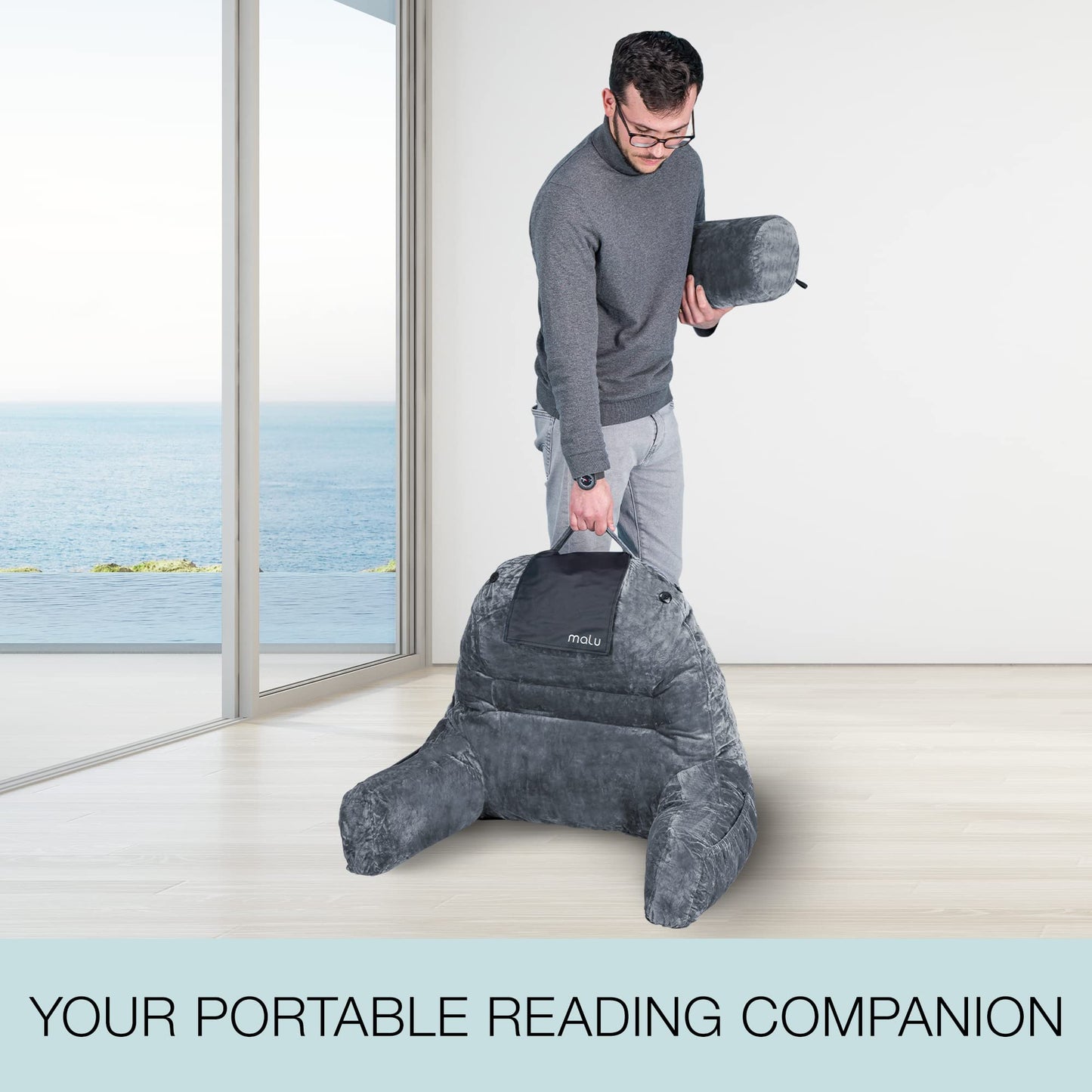 malu Extra Large Reading Pillow- Ergonomic Pillow- Back Pillow for Bed+ Rolling Mat for Neck Support- with Shredded Memory Foam- for Sitting Up in Bed, Couch or Floor