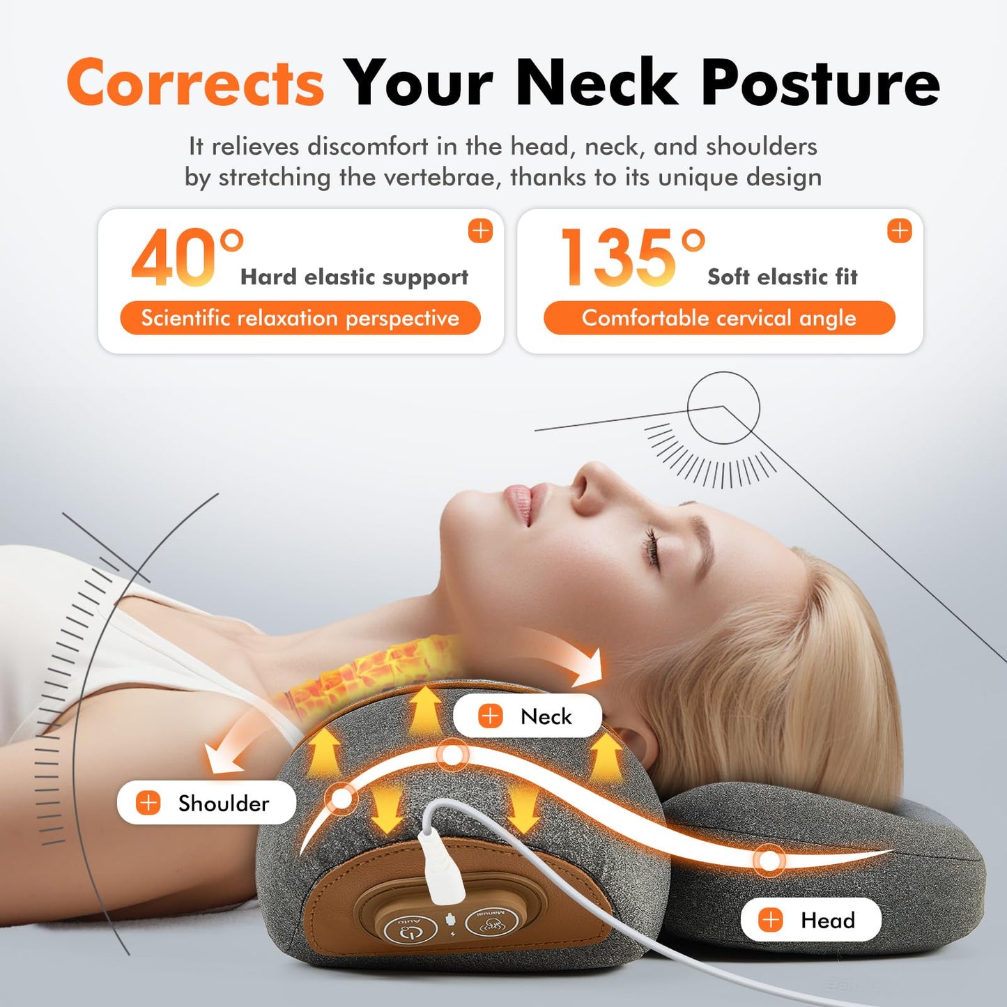 Cordless Electric Neck Massager Pillow for Pain Relief Deep Tissue, 3-in-1 Rechargeable Neck Cervical Traction Device with Heat, Massage, Stretch, Ergonomic Neck Shoulder Relaxer Gifts for Women