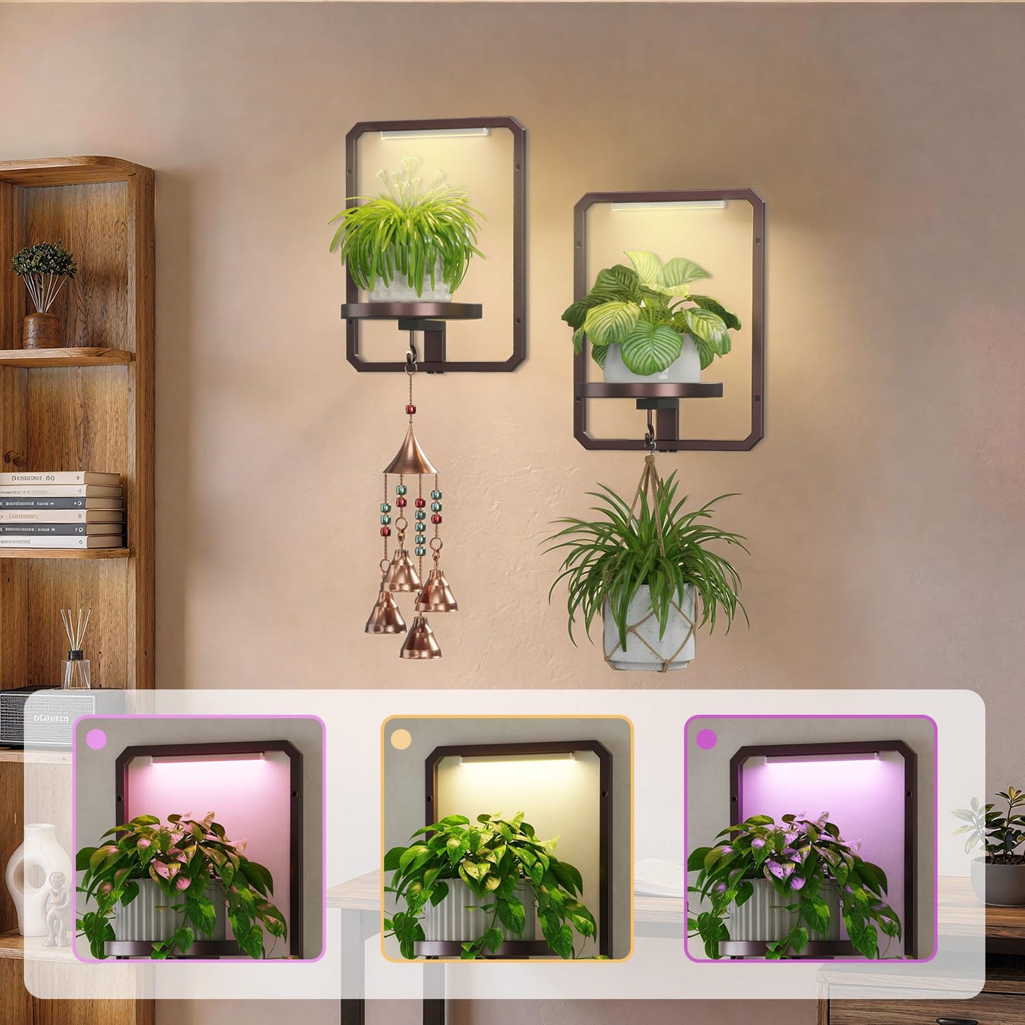 LASZOLA Plant Picture Frame Holder Wall Mount for Indoor Window, 2 Pack Modern Floating Flower Hanger Shelf with Hooks, Metal Stand Display Decor for Living Room, Brown