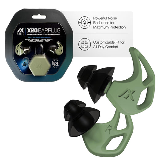 AXIL X20 Noise Reduction Ear Plugs - Green - Customizable Fit Hearing Protection for Sleeping, Festivals, Live Events and Sports – 24dB Reusable Foam and Silicone Eartips with Carrying Case