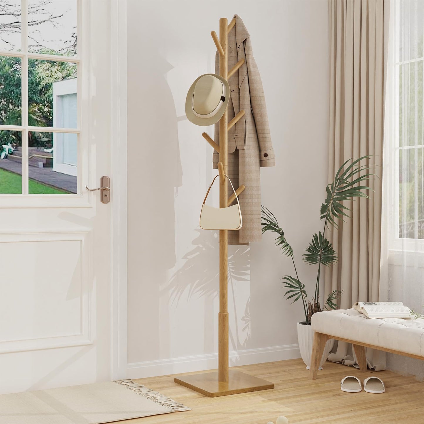 YheenLf Coat Rack Freestanding with Stable Square Base for Cloathes, Hat, Used in Bedroom, Office and Entryway, Sturdy and Easy Assembly Coat Tree with 3 Adjustable Sizes and 8 Hooks, Natural
