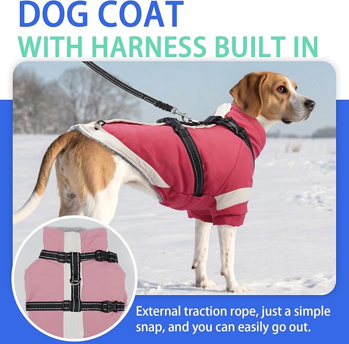 MIGOHI Thermal Large Dog Coat with Harness Waterproof Jacket for Large Dogs,Thick Dog Winter Coat,Snow Jacket for Dogs Windproof for Hunting Camping Chilly Days,Doberman,Great Dane,XXXL,Pink