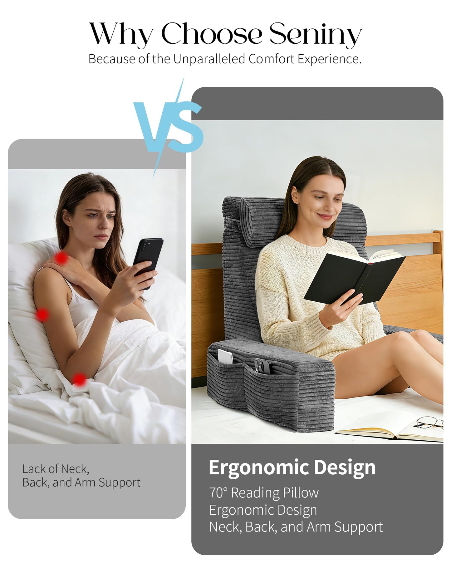 Seniny Reading Pillow for Bed Adult - 22" Back Support Pillow for Sitting Up Rest, Husband Bed Chair and Backrest Pillow with Arms, Lounge Sit Up Pillows for Dorm, Corner, Couch, Study, Watching TV