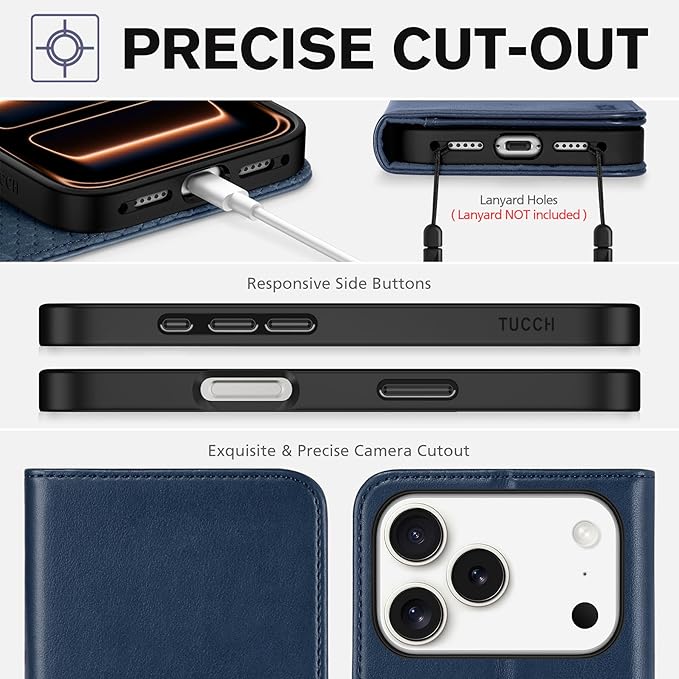 TUCCH Case Wallet for iPhone 17 Pro (6.3-Inch) 2025, 3 Card Slots | Kickstand | RFID Blocking | PU Leather | Protective Flip Folio Cover | TPU Shockproof Interior Shell | Deep Blue