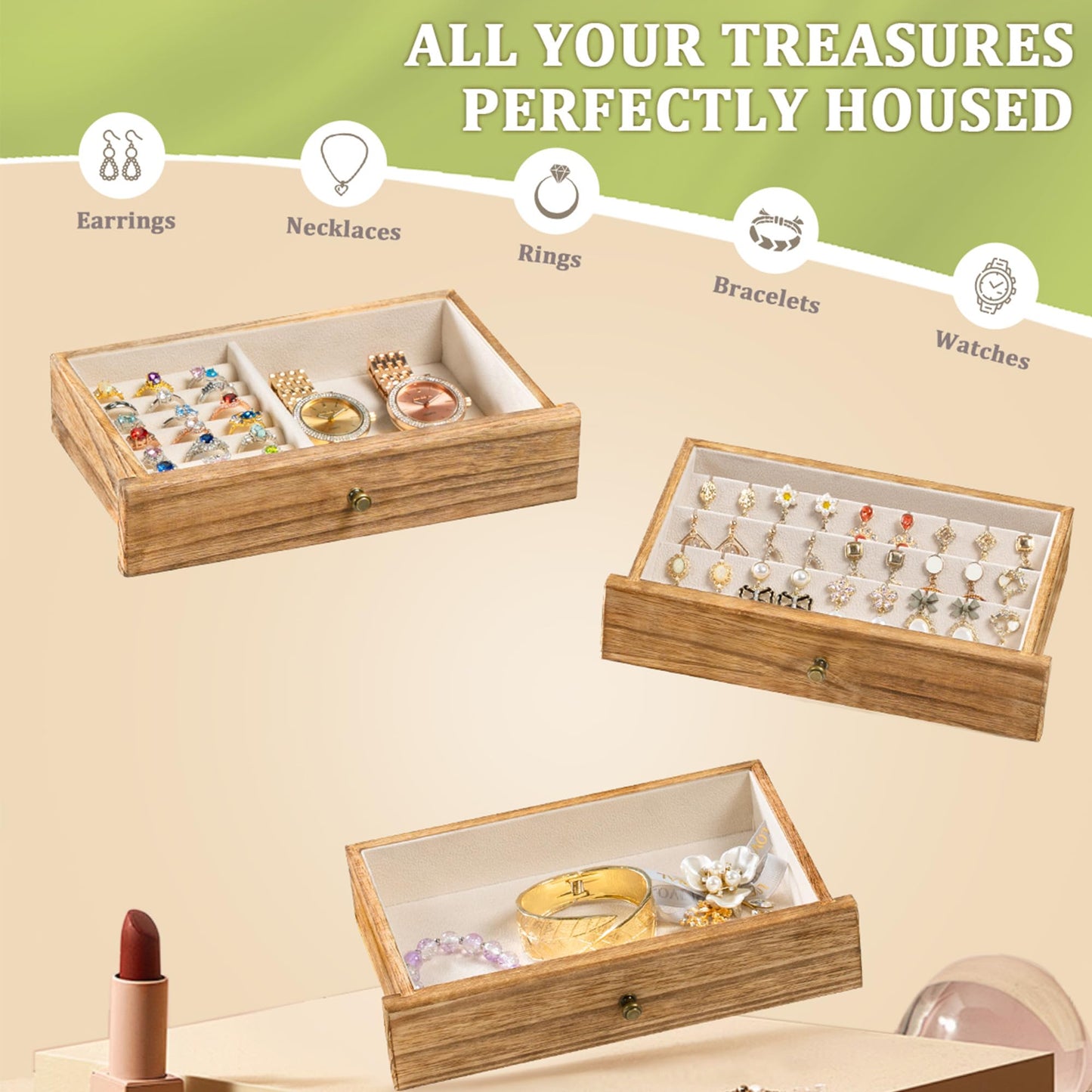 Srillollar Jewelry Box Organizer, Rustic Wooden Jewelry Boxes for Women Girls, Large Storage Earring Holder Organizer Display for Earrings Necklaces Rings Bracelets (Rustic Brown)