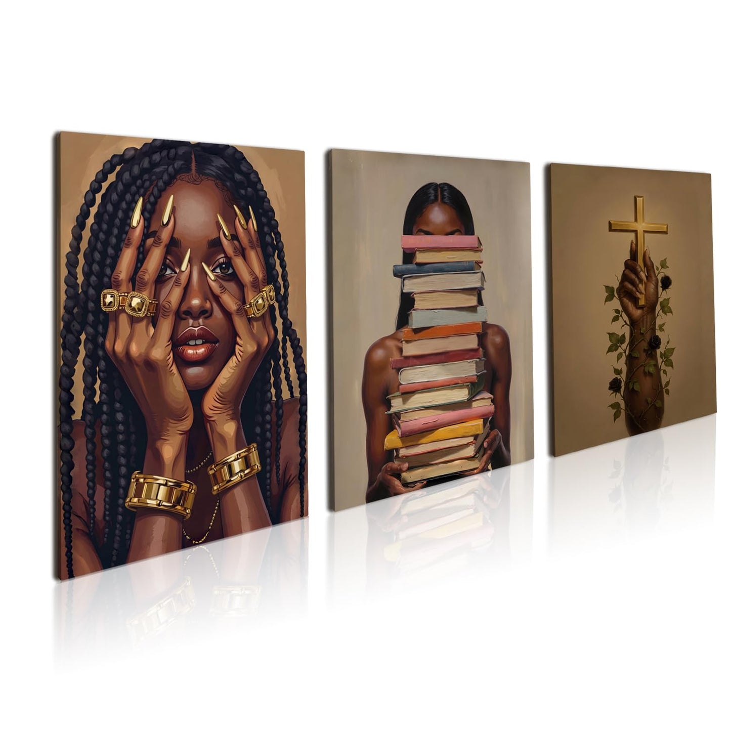 Black Woman Wall Art Canvas Print Set of 3 Framed Poster Picture Modern Artwork Wall Decor African American Artwork Canvas Wall Art 12x16 Inch for Living Room Bedroom Ofﬁce