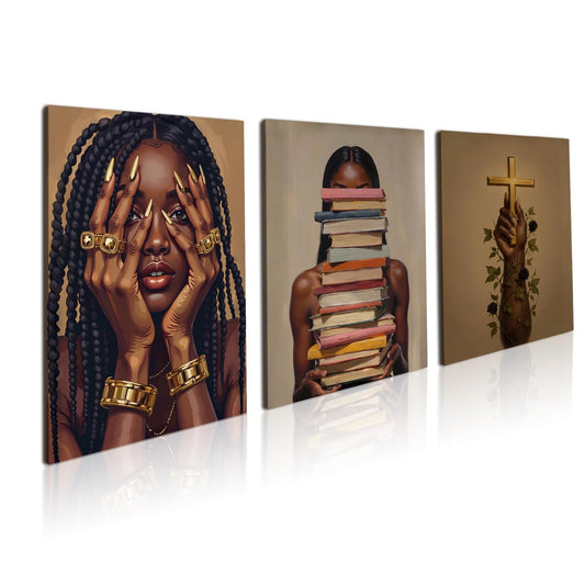 Black Woman Wall Art Canvas Print Set of 3 Framed Poster Picture Modern Artwork Wall Decor African American Artwork Canvas Wall Art 24x16 Inch for Living Room Bedroom Ofﬁce