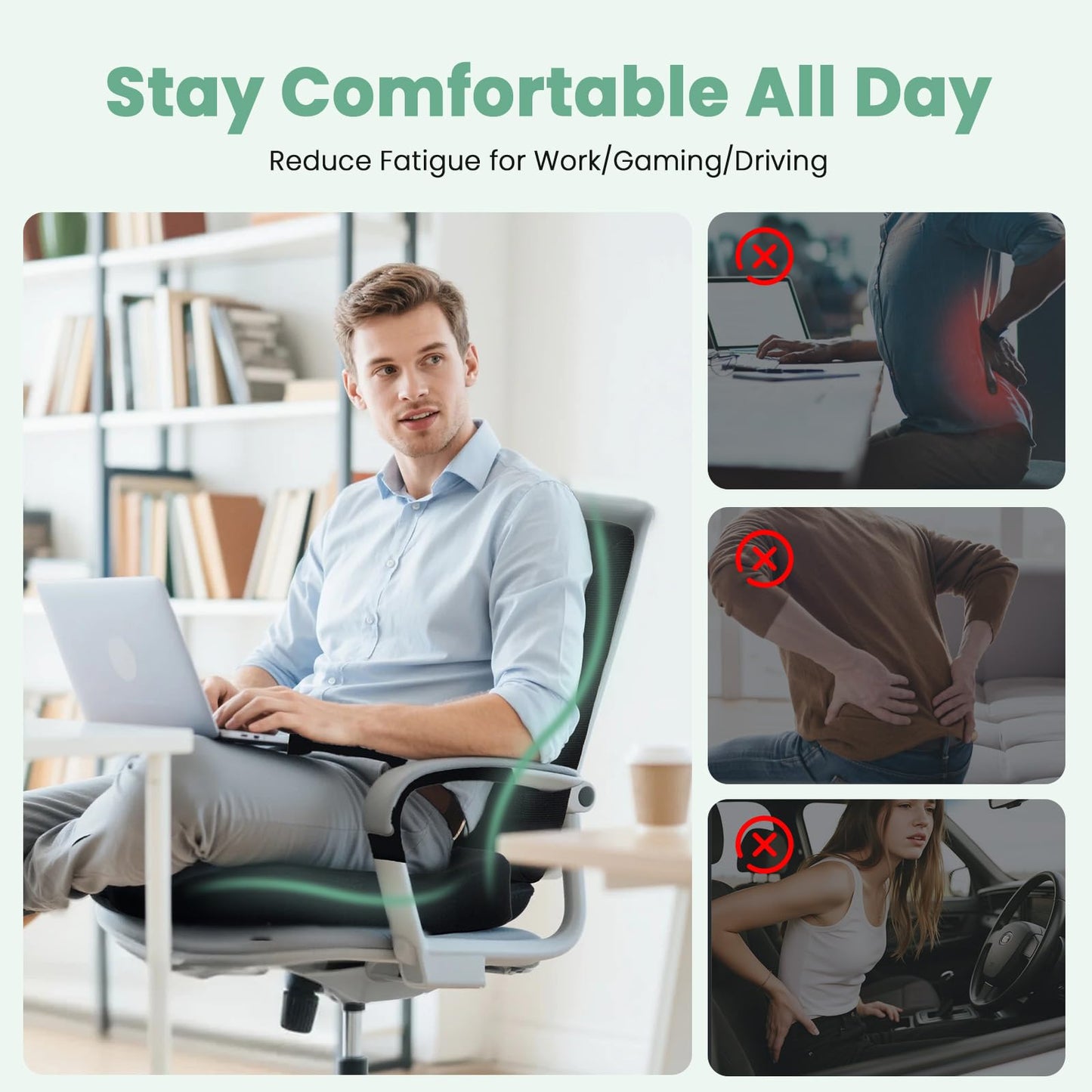 XSNDSENN Seat Cushion and Lumbar Support Pillow for Office Chair, Wheelchair, Memory Foam Coccyx Cushion for Sciatica Tailbone Pain Relief, Back Support for Car Chairs, Desk Chair