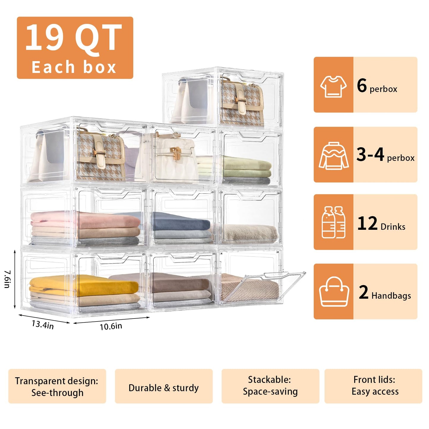 Freebat 10 Pack Closet Organizers and Storage,Clear Stackable Plastic Storage Bins with Lids Magnetic Doors,Clothes Organizers and Storage,Plastic Craft Containers for Wardrobe Kitchen Bathroom Office