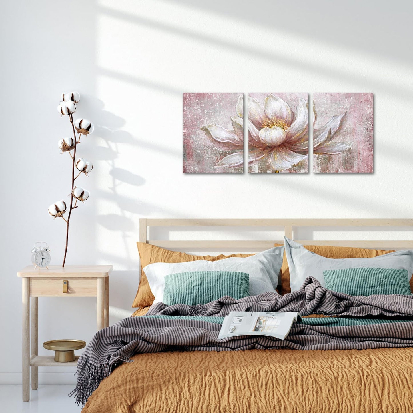 iKNOW FOTO Pink Gold Lotus Canvas Set of 3 Wall Art Framed Flowers Paintings Wall Pictures Abstract Artwork Painting for Bedroom Office Home Decor Ready to Hang 12x16 Each