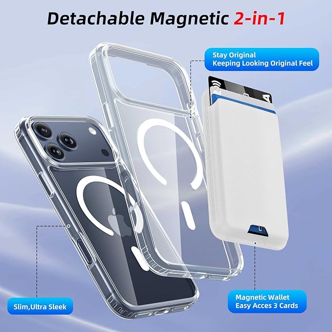 Ntwinro Magnetic for iPhone 17 Pro Clear Case (Compatible with MagSafe) with White Detachable Wallet & Card Holder for 3 Cards [RFID Blocking] Military Grade Protective Slim Phone Cover