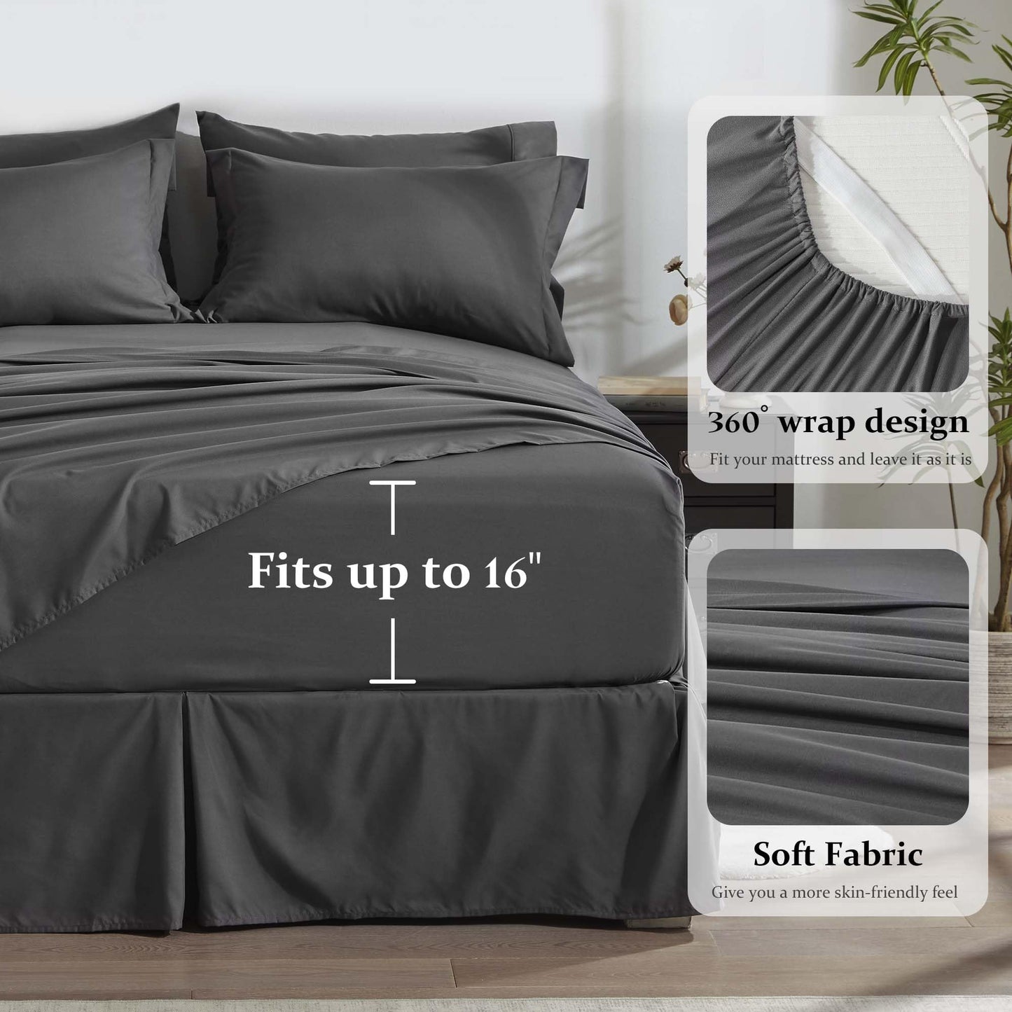 Newspin Queen Comforter Set Dark Grey - Bed in a Bag Queen Size 8 Pieces, All Season Bed Set, Fluffy Comforter Set with Sheets, Sheet Set Quilt Blanket, Pillowcases & Shams & Bed Skirt