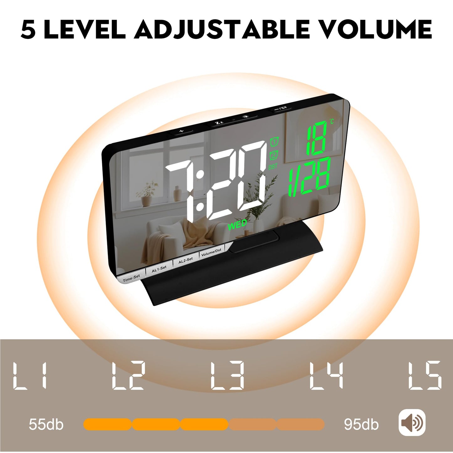 SZELAM Digital Clock,Alarm Clock Bedside,7.3'' Large LED Mirror with Date Display,Temperature,Dual Alarm with 3 Mode,Brightnee Adjust,DST,USB C Charging Port,5 Levels Volume for Desk Bedroom Teens