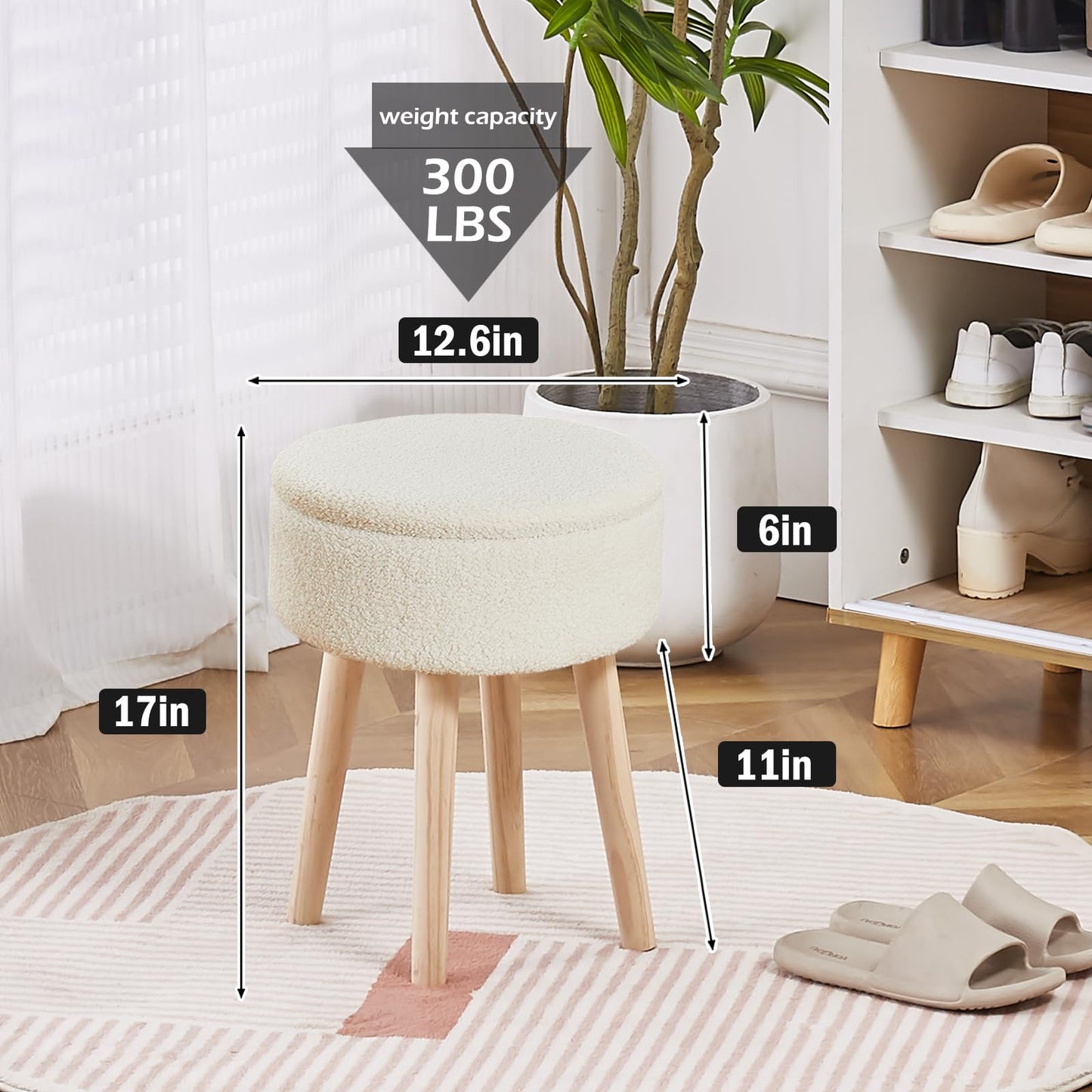Mxfurhawa Storage Ottoman Foot Stool Teddy Velvet Round Vanity Stool Tray Top Footstool with Wood Legs Upholstered Foot Rest Ottoman for Living Room, Bathroom, Makeup (White)
