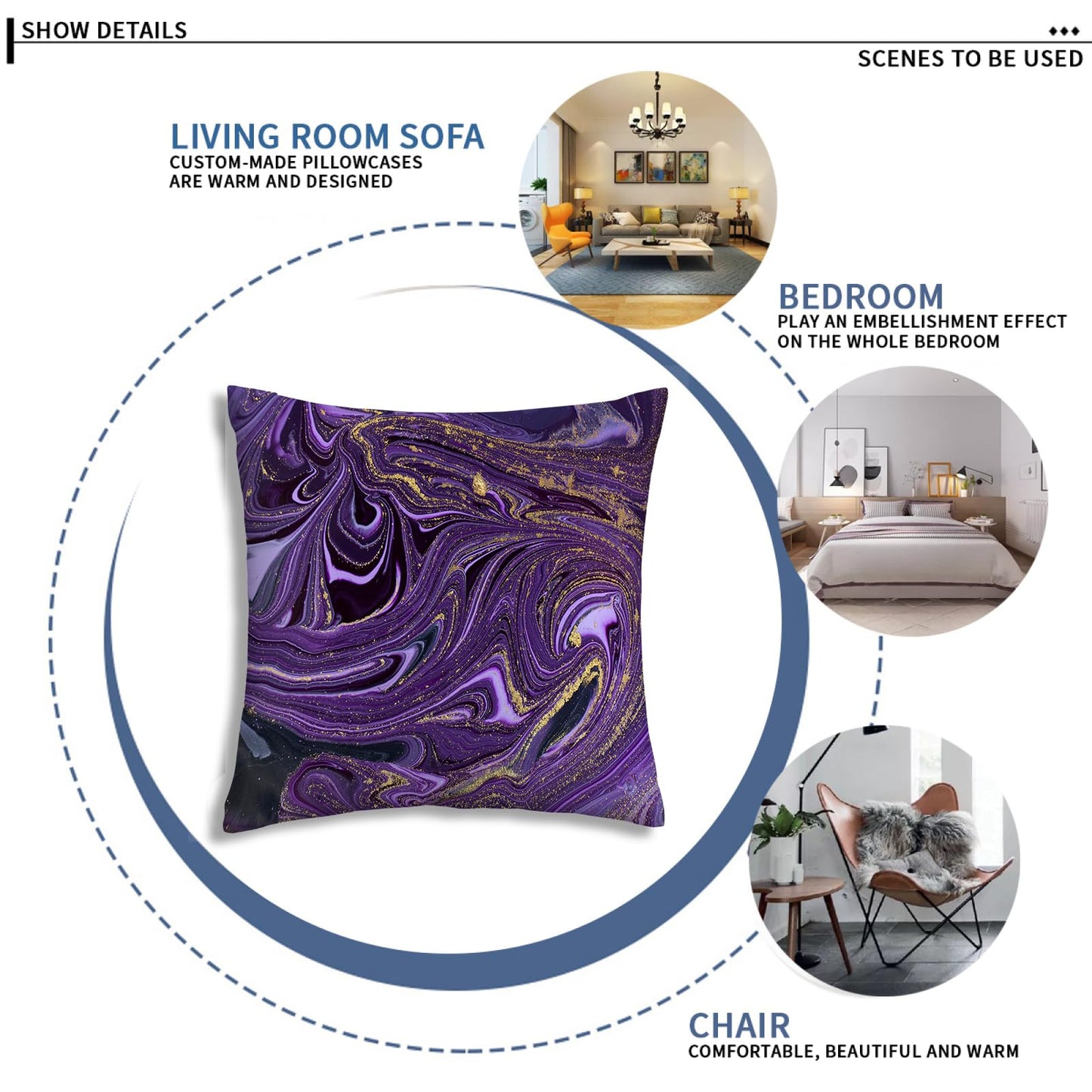 Bapcoku Purple Gold Marble Pillow Covers Set of 4 Purple Decorative Throw Pillow Cases for Sofa Couch Bed Chair Living Room Decor Abstract Cushion Covers 18"x18"