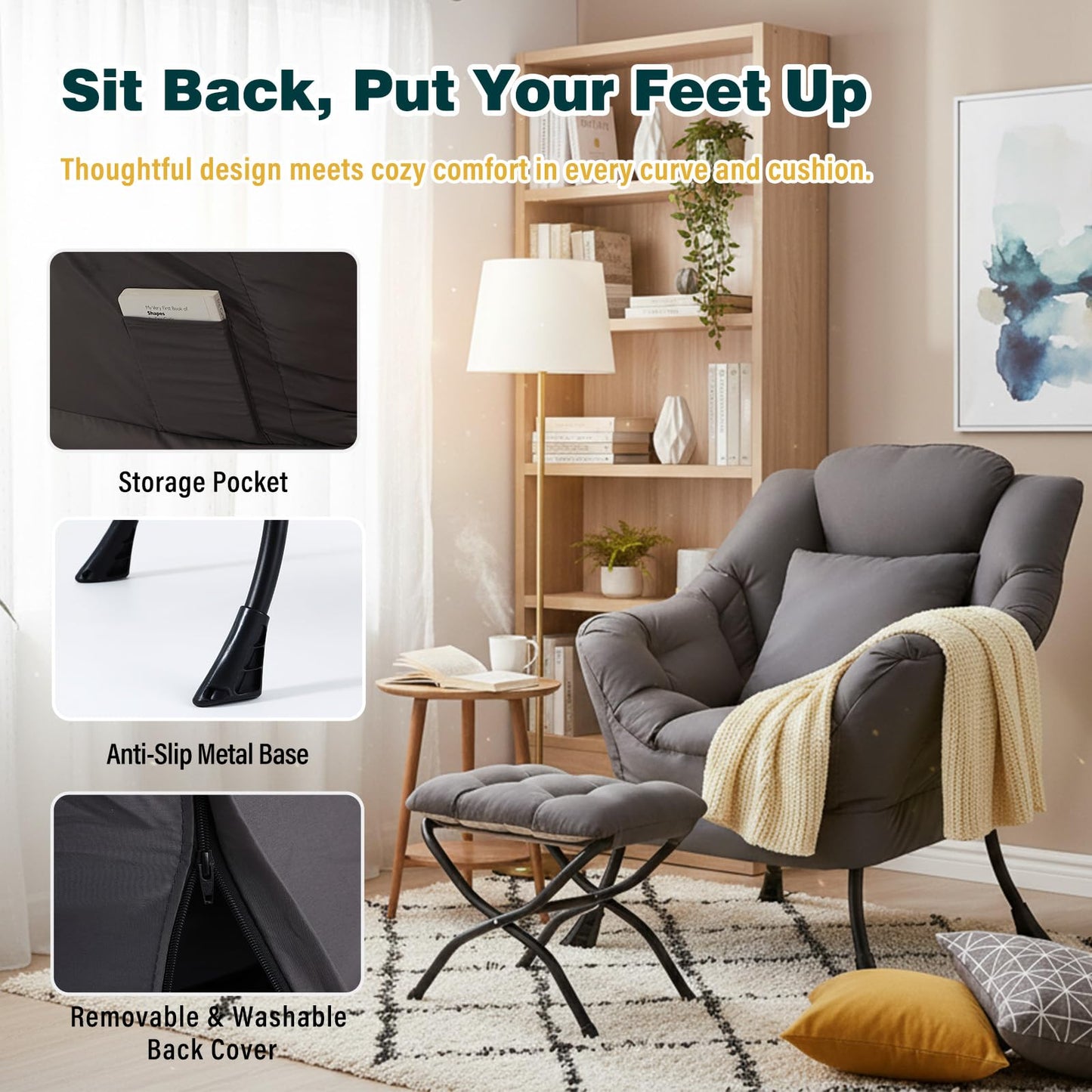 HomEastlly Lazy Chair with Ottoman, Large Accent Chair with Ottoman and a Throw Pillow, Dark Grey Reading Chair for Living Room Bedroom Dorm Room Office Apartment Relaxing Use