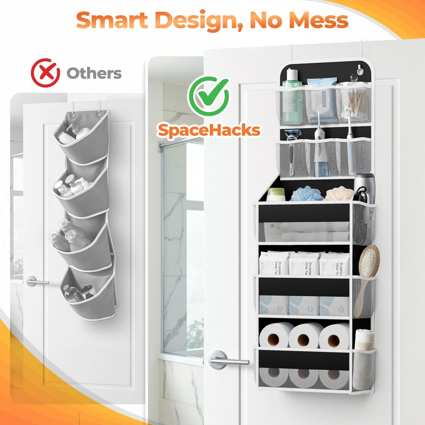 SpaceHacks 5-Tier Over the Door Organizer with Mesh Pockets, Baby Nursery Storage for Closet, Bathroom and Bedroom, Adjustable Hanging Closet Organizer for Cosmetics, Books and Essentials (Black)