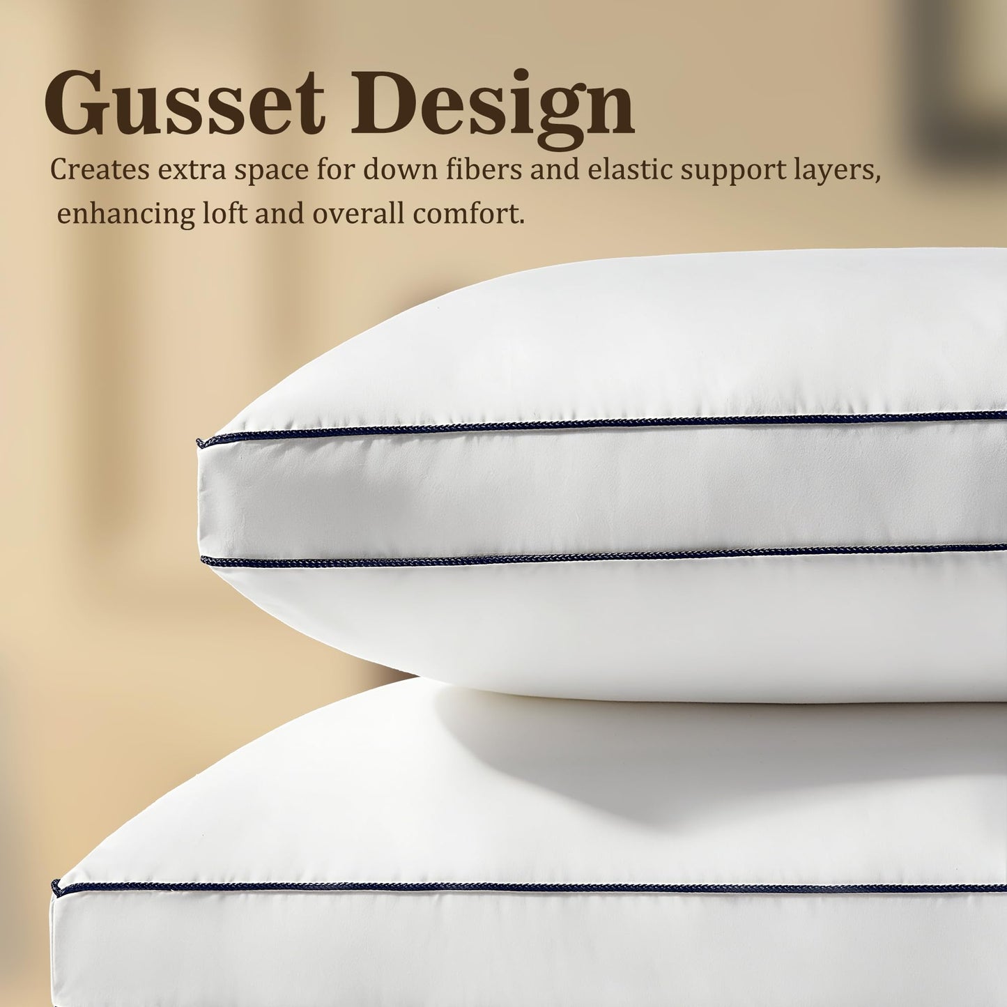 Gehtmnl Goose Down Pillows Queen Size Set of 2, Luxury Hotel Collection, 3-Chamber Gusseted Design, 100% Cotton Cover, Fluffy Yet Supportive for Side & Back Sleepers, Neck & Shoulder Support