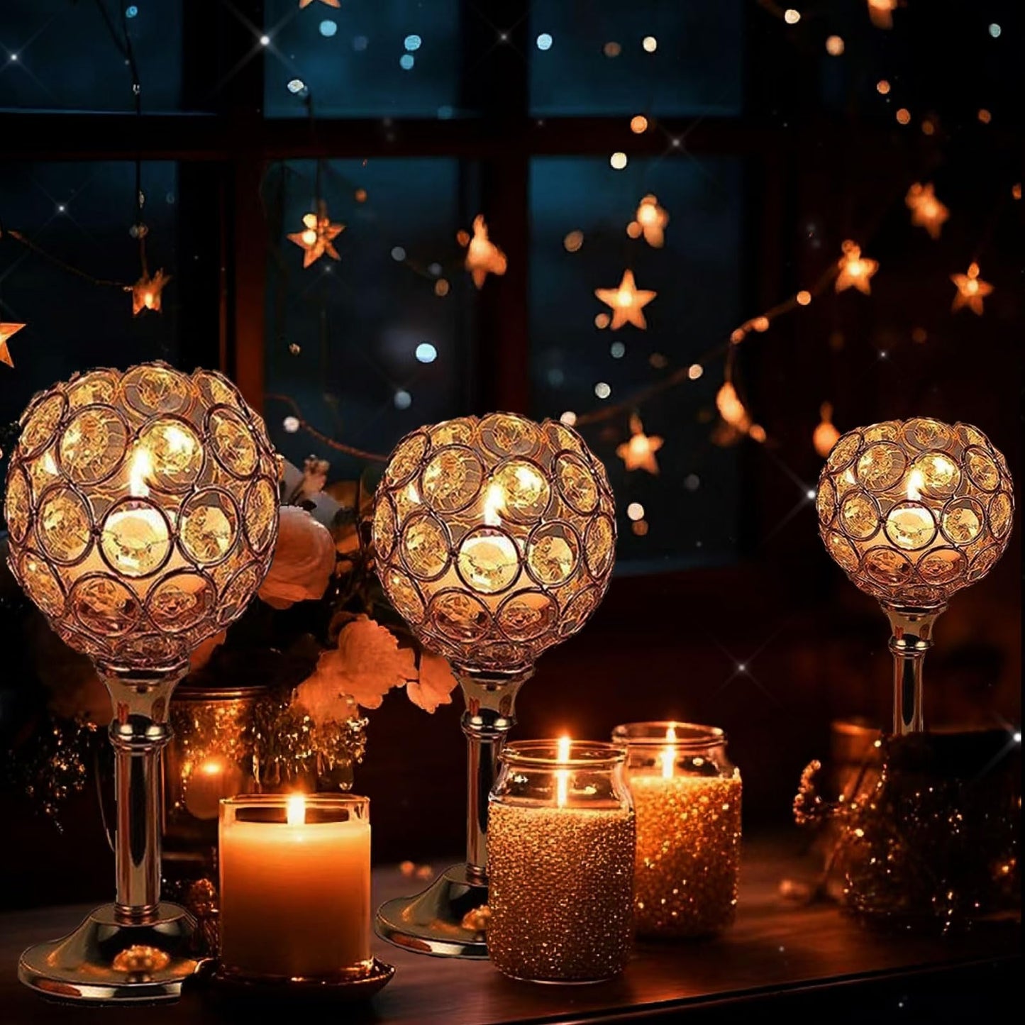 Candle Holder Candlestick Holders- 6Set Gold Crystal Pillar Candle Holders,Metal Candlestick Stands for Wedding Centerpieces,Table Decor for Church,Valentine's Day Housewarming Gift,18Pcs