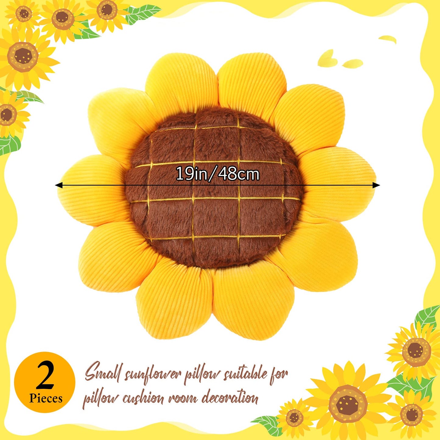 Coume 2 Pieces 3D Sunflower Flower Floor Pillow Seating Cushion Mat Sunflower Shaped Throw Pillow Yellow Chair Pads Decorative Plush for Bed Car Chair Sofa Office Gifts(19 Inch)