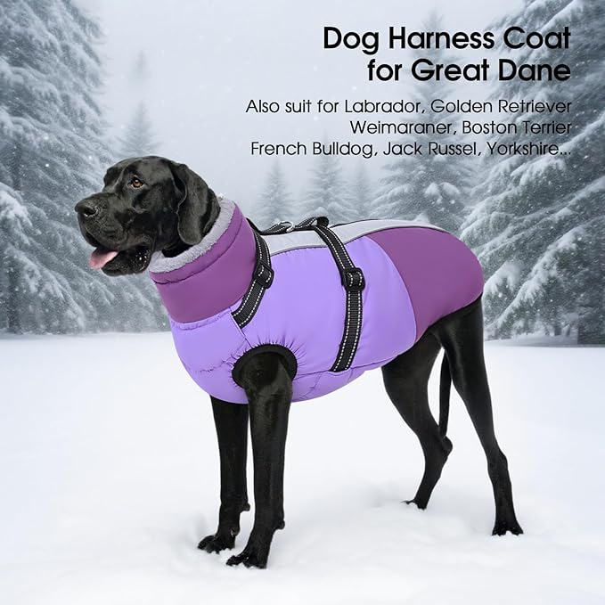 SUNFURA Dog Coat, Dog Jacket for Large Dogs with Harness Built in, Warm Pet Winter Coat Zip Up Snow Jacket with Furry Collar for Boston Terrier, French Bulldogs, Purple L