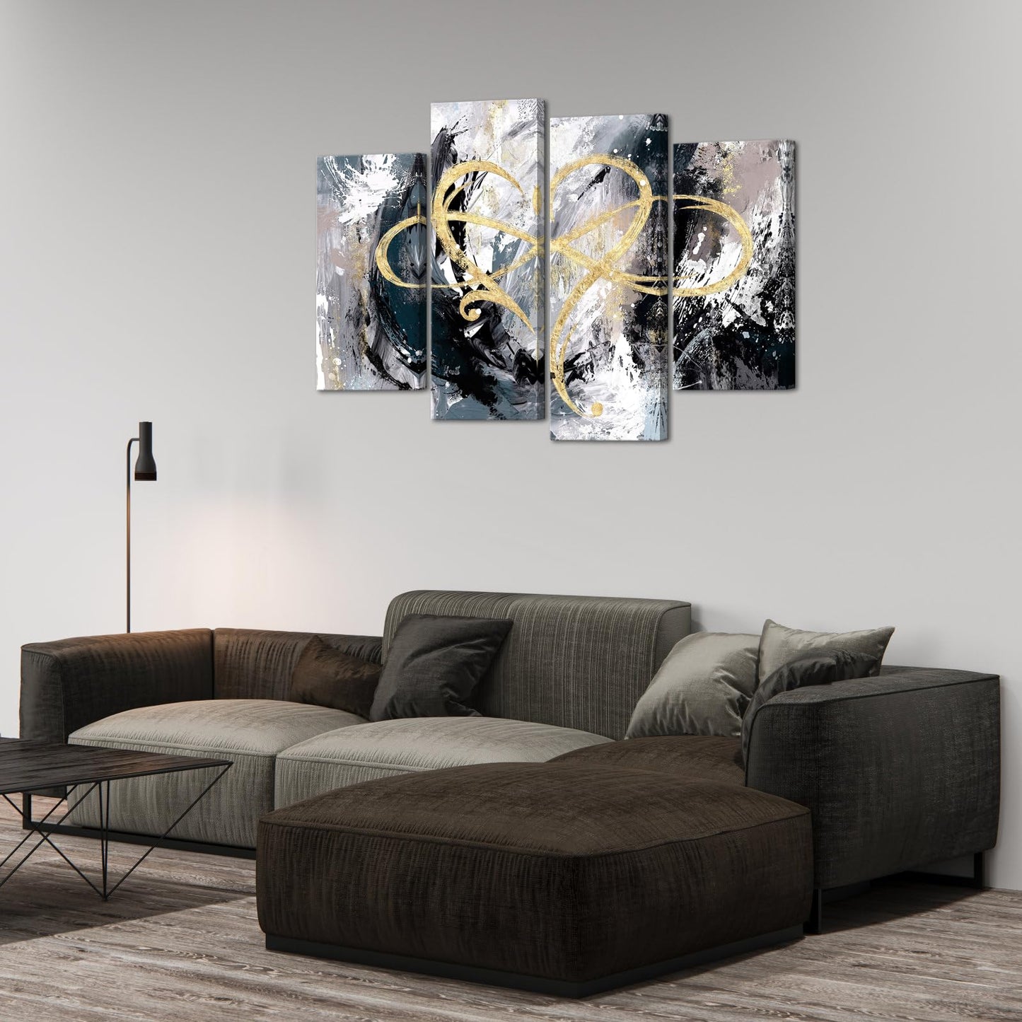 iHAPPYWALL 4 Panel Infinity Heart Canvas Wall Art Abstract Eternal Love Geometric Grey and Gold Picture Artwork for Bedroom Living Room Home Decor Ready to Hang (Grey)