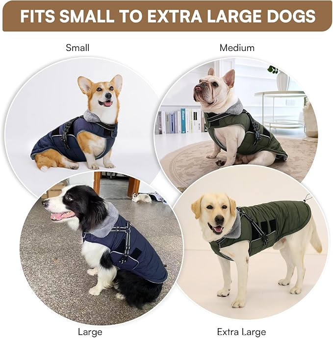 Queenmore Winter Dog Jackets for Medium Dogs with Harness Built-in, Waterproof Puffer Jacket for Snow/Cold Weather, Pet Warm Coat for Doggie Boy/Girl - Fleece Lining Reflective Easy-on, Green M